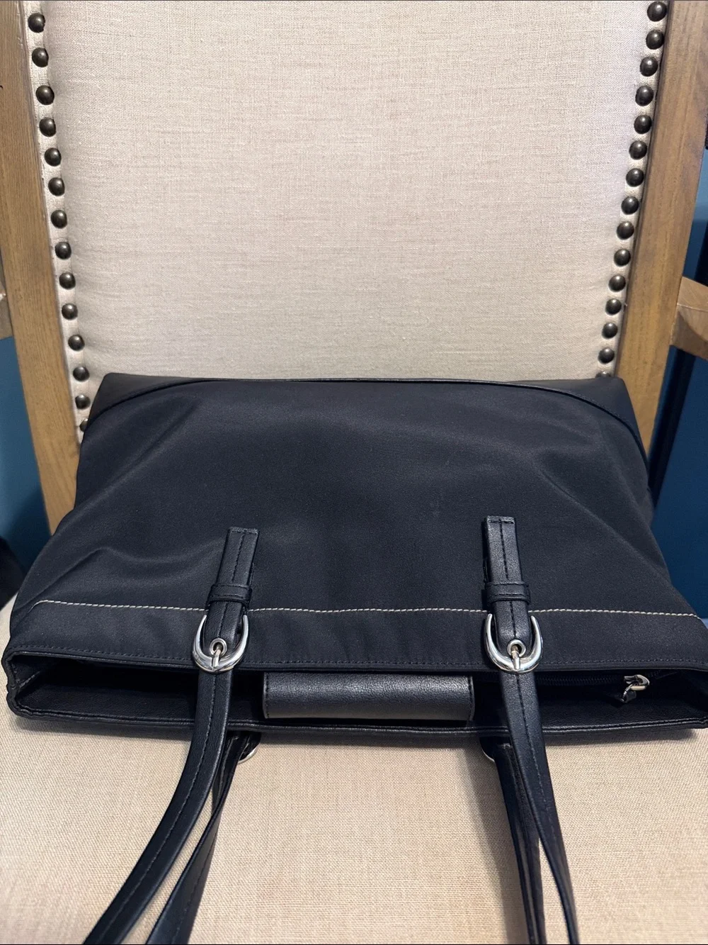 DKNYC Black Nylon Tote Bag with Leather Trim